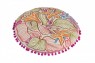 Almofada em Algodão Redonda com Enchimento e Pompons Floral Bordada D38 cm