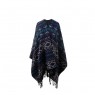 Poncho em Acrílico Estampa Étnica Azul e Cinza com Franjas 1,65x1,40 cm