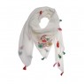 Lenço Branco c/ Floral Bordado e Pompom Algodão 100x100cm