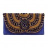 Bolsa Carteira Azul c/ Miçangas  e Pedras Bordada a Mão Dourada 15x30 cm
