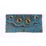 Bolsa Carteira em Tecido Estampado Floral Azul e Bordado com Paetês e Pedrarias A9xC16 cm