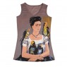 Regata Marrom e Cinza Estampa Frida Kahlo c/ Papagaios e Miçangas Algodão A70xL40