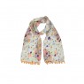 Echarpe Branca Floral Laranja Roxo c/ Barra Mini Pompom Viscose 180x20 cm