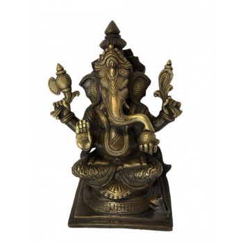 Escultura Indiana Ganesha Trono em Metal cor Bronze 22,5 cm