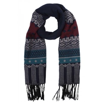 Cachecol Estampa Étnica Azul Marinho e Cinza Acrílico c/ Franjas 180x68 cm