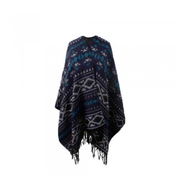 Poncho em Acrílico Estampa Étnica Azul e Cinza com Franjas 1,65x1,40 cm