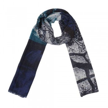 Echarpe Estampada Azul e Branca Poliéster 180x90 cm