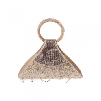 Bolsa em Couro Sintético Bege com Pedraria e Miçanga A17xL3,5xC24 cm