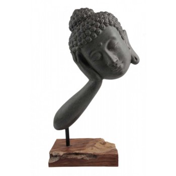 Escultura Cabeça Buda Pensativo Decorativa em Poliresina e Base de Madeira A75xC42xL18 cm