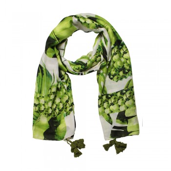 Echarpe Branca Abacaxi e Folhagens Verde Poliéster 180x90 cm