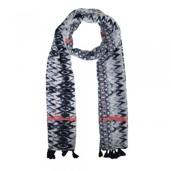 Echarpe Étnica Rajada Azul e Listra Rosa c/ Penduricalho Poliéster 180x90 cm