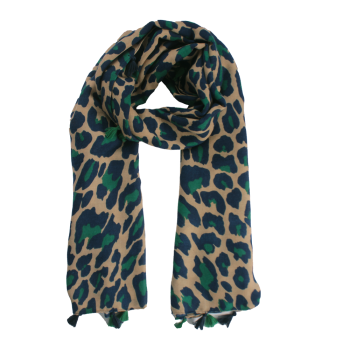 Echarpe 100% Poliester Animal Print Azul Com Franja PomPom 180X90CM