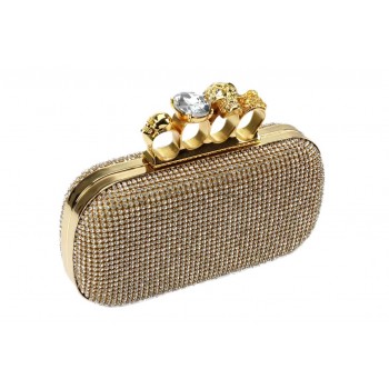 Bolsa de Metal Dourada com Strass e Fecho de 4 anéis c/ Pedrarias e Caveira A13xC18 cm