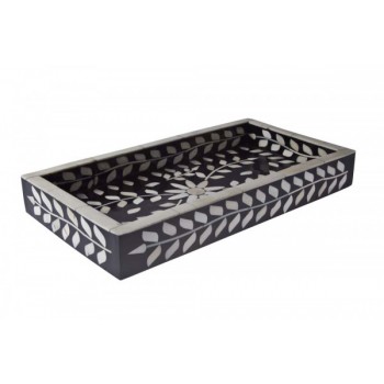 Travessa em Osso Retangular Preta/Branca Floral A5xC39xL21 cm