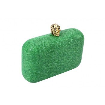 Bolsa em Metal e Couro de Arraia Verde c/ Fecho de Caveira Dourada e Strass A11xC14xL4 cm