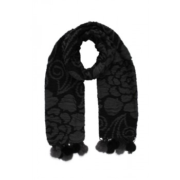 Cahcecol Preto Floral Cinza em Poliéster Texturizado c/ Pompom Pele Natural da Coelho 165x60 cm