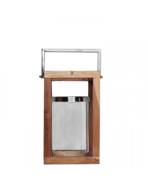 Lanterna de Madeira com Porta Vela em Vidro e Alça de Aço Inox Polido 22X33 cm