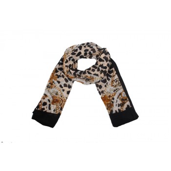 Echarpe Animal Print Estampado Preto e Bege Poliéster 170x100 cm