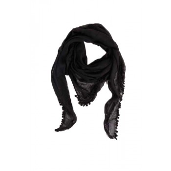 Lenço Tringular Preto c/ Detalhe em Renda e Mini Pompoms Viscose 155x115 cm