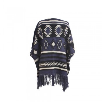 Poncho Acrílico Fechado Estampa Étnica Azul, Preto e Branco com Franja 80x37 cm