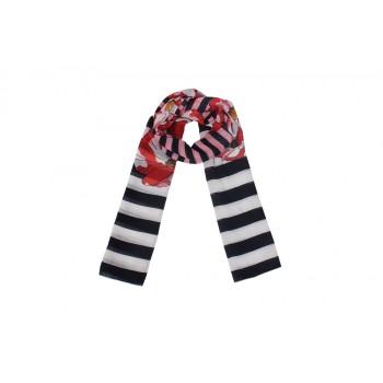 Echarpe Listrado Azul Marinho e Branco c/ Floral Vermelho Algodão 180x90 cm