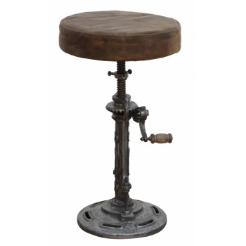 Banqueta Estilo Industrial em Ferro e Couro c/ Manivela 32X32X57 cm