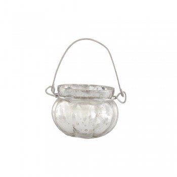 Cachepot p/ Vela em Vidro Metalizado Mellon Prata com Alça A5xD6,5 cm