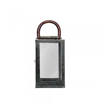Lanterna Aço Inox Pátina Verde Musgo com Alça de Madeira 20,3X35,5 cm