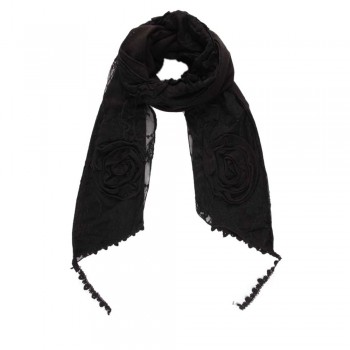 Echarpe Acrílico e Poliéster Floral Preto com  Flores de Tecido  em Alto Relevo e Pompons A160xL45 c