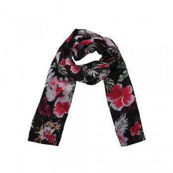 Echarpe Preta c/ Floral e Folhagens Rosa e Verde Poliéster 180x90 cm