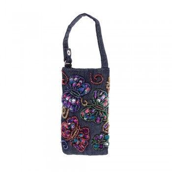Bolsa Porta Celular em Tecido Jeans com Borboletas em Miçangas Coloridas A14xC8 cm