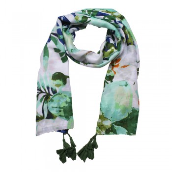 Echarpe Floral e Folhagem Verde e Branca c/ Franjas Poliéster 180x90 cm