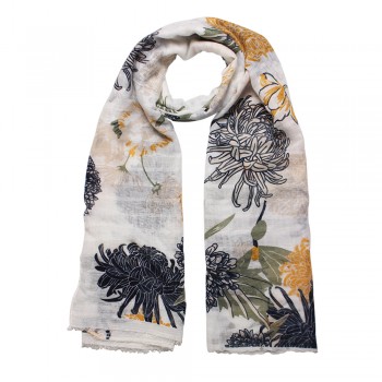 Echarpe Branca Floral c/ Listras Azul e Laranja Poliéster 180x90 cm