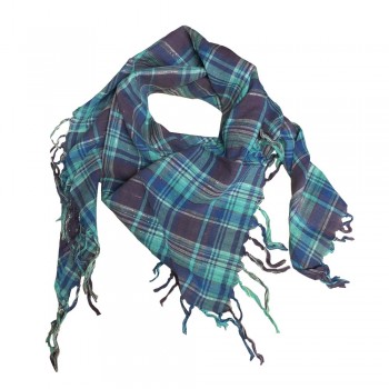 Lenço em Viscose Triangular Xadrez Azul/Vermelho com Lurex e Franja 90x90x135 cm