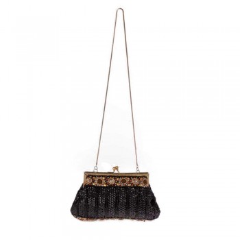 Bolsa em Tecido Bordada com Miçangas Preta/Dourada A18xC22 cm