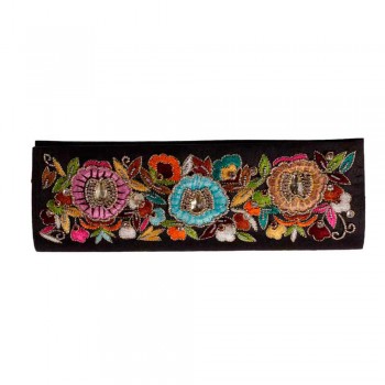 Bolsa em Tecido Preto com Bordado Floral Multicolorido A10xC28 cm