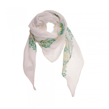 Lenço em Algodão Triangular Branco Com Estampa Floral Verde/Amarelo 85x180x95 cm