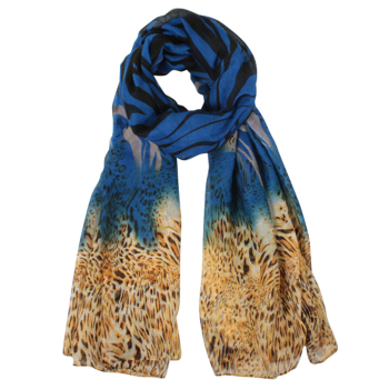 Echarpe em Poliéster Azul e Caramelo Animal Print Tigre/Zebra A180xL80 cm