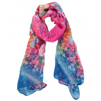 Echarpe em Poliéster Floral Azul e Rosa 180xL80 cm