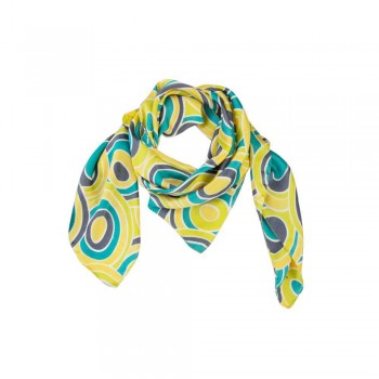 Lenço em Poliéster com Estampas de Círculos Amarelo Multicolor 110x110 cm