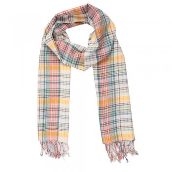 Echarpe Xadrez Branco Azul e Amarelo c/ Franja Viscose 180x55 cm