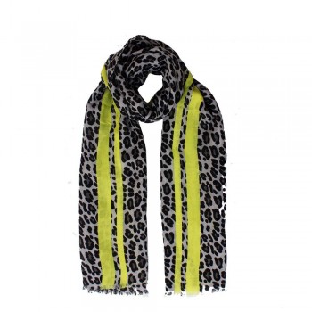 Echarpe Animal Print Onça Cinza c/ Listras Verde Neon Poliéster 180x90 cm