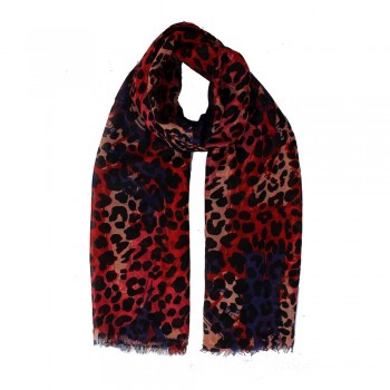 Echarpe Animal Print Onça Vermelho e Roxo Poliéster 180x90 cm