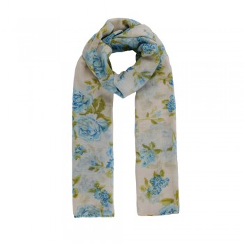 Echarpe Branca e Amarela c/ Estampa Floral Azul e Verde Poliéster 180x100 cm