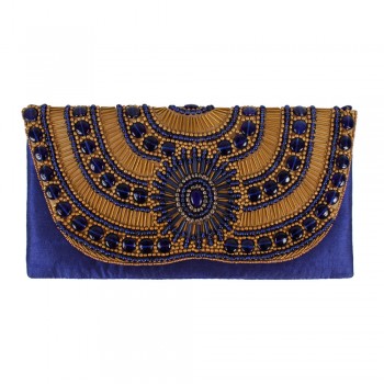Bolsa Carteira Azul c/ Miçangas  e Pedras Bordada a Mão Dourada 15x30 cm