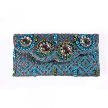 Bolsa Carteira em Tecido Estampado Floral Azul e Bordado com Paetês e Pedrarias A9xC16 cm