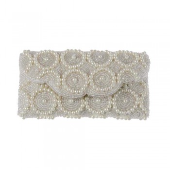 Bolsa Carteira com Pérolas e Miçangas Branca A8xC16 cm