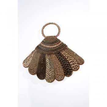 Bolsa em Tecido Bordada com Miçangas e Pedraria Dourada Leque A27xC26 cm