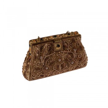 Bolsa em Tecido Bordado Dourada com Miçangas e Pedrarias A12XC20 cm