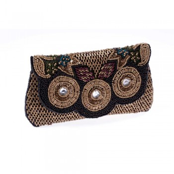Bolsa Carteira em Tecido Bordada com Miçanga Dourada/Preta A12xC20 cm